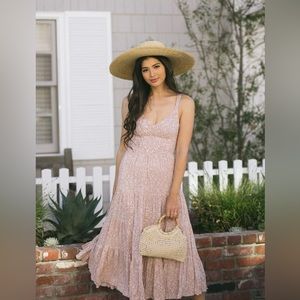 Pink floral tie back midi dress bump friendly